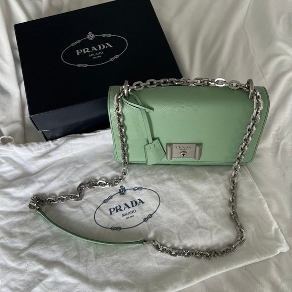 Brand New Rare Prada Saffiano Lux Leather Chain Shoulder Bag in Acquamarina - Picture 2 of 15